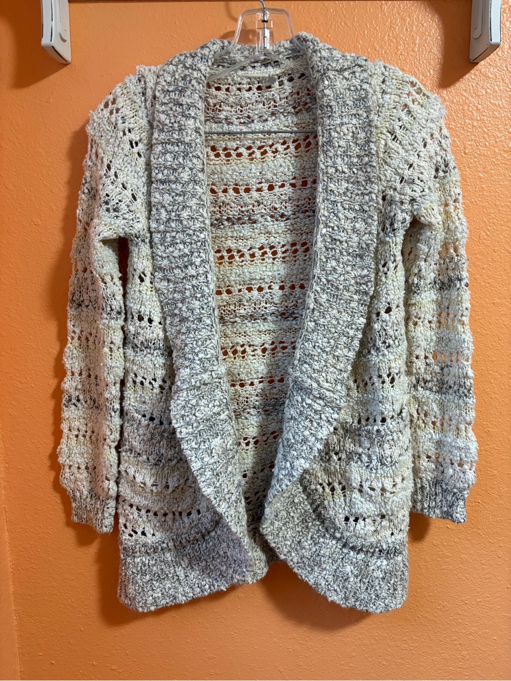 Knitted and Knotted by Anthropology metallic Y2K open front cardigan